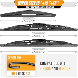 AUTOBOO 15 +15+13 Windshield Wiper Blades Replacement for Jeep Wrangler 2007-2017 -Original Factory Quality (Pack of 3)