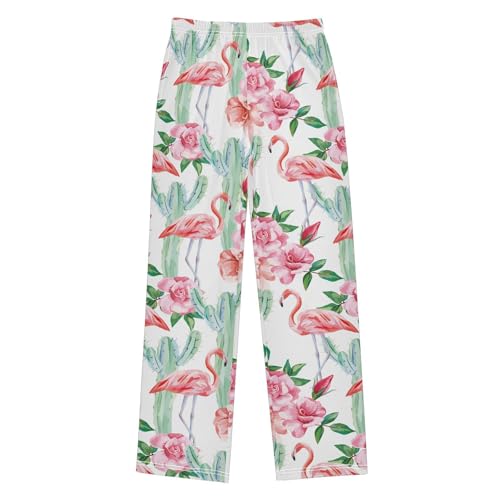Flamingo Cactus Floral Boys Long Pants Soft Trousers Elastic Waist Kids Lounge Bottoms with Pockets S-XL