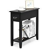 COSTWAY Beistelltisch mit Ablage und Schublade, 2-stöckiger Sofatisch Holz, schmaler Nachttisch Nachtkommode für kleine Räume, 60 x 25 x 60,5 cm (Schwarz)