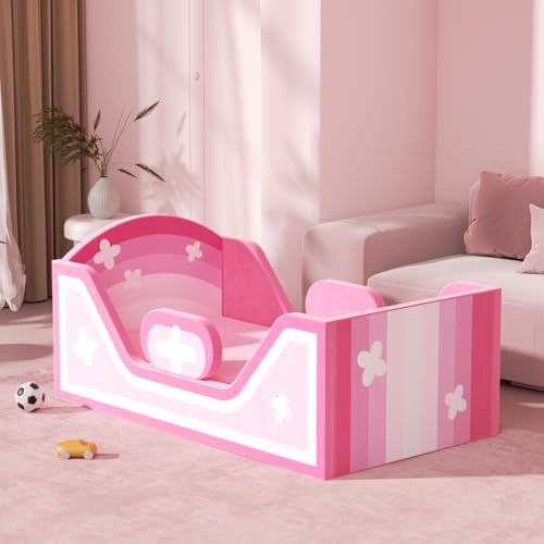 Image of weeonekids Toddler Bed, Child Bed for Kids with Extra Safty Broad, Standard Crib Size Toddler Bed, Certified Fabric Toddler Beds,Toddler Flood Bed (Rainbow Pink)