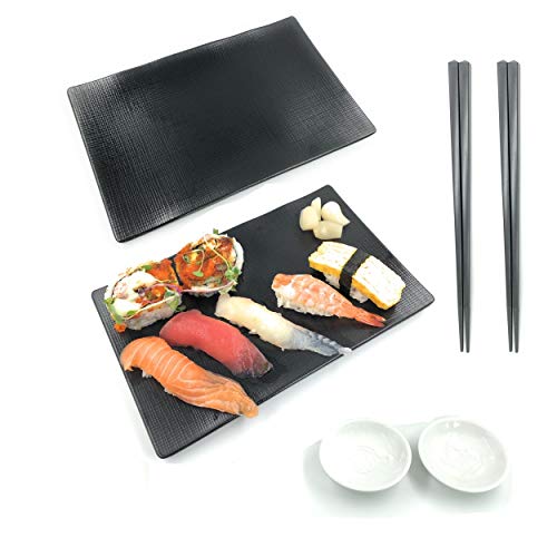 Jovely Large Black square Melamine Sushi & Sashimi Serving Dish Set, 6 Pieces Japanese Style Sushi Plate Dinnerware with Fish Engraving Soy Sauce Dip Bowls, Chopsticks, Housewarming Gift Pack for 2