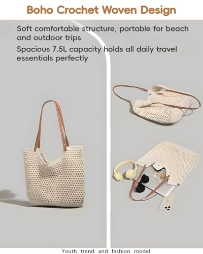 Bolso de playa tejido a ganchillo de paja, bolso tote bohemio con forro impermeable para vacaciones de verano, viajes y uso casual, bolso ligero de hombro miniatura 5