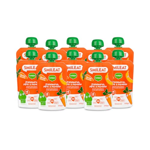 Smileat - Pack de 10 Pouch de Frutas Ecológicas - Sin Sal ni Azúcar Añadido, Sin Gluten - Snack Práctico para Peques - Sabor a Zanahoria, Pera y Plátano