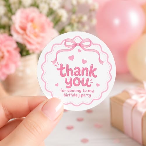 120 PCS Thank You for Coming to My Birthday Party Stickers, Pink Bow Party Favor Labels, Self Adhesive Gift Seals for Treat Bags, Envelopes, Cards, Goodie Bags, Birthday Supplies - Image 2
