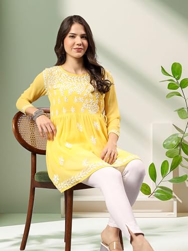 Image of Seva Chikan Hand Embroidered Lucknowi Chikankari Angarkha Georgette Top with Slip for Women SCL4041
