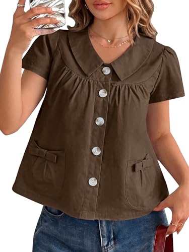 Tankaneo Womens Peter Pan Collar Button Down Shirts Short Sleeve Summer Casual Babydoll Blouse Cute Trendy Cotton Preppy Tops Brown