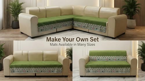 Image of Velvet L Shape 2+2 (4 Seater) Sofa Cover Fully Covered | Anti Skid Non Slip | Plain Green | Washable Furniture Protector