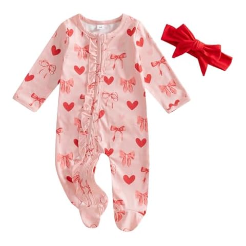 Newborn Baby Girl Bowknot Footies Romper Long Sleeve Sleeper with Headband Zip Up Footed Overalls Coming Home Outfits (Q Bow Pink, 0-3 Months) Cover