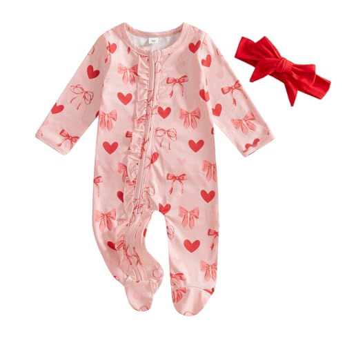 Image of Doisbetthsay Baby Girls Valentines Day Outfits Long Sleeve Heart Print Romper Bodysuit Jumpsuit with Headband Newborn Clothes
