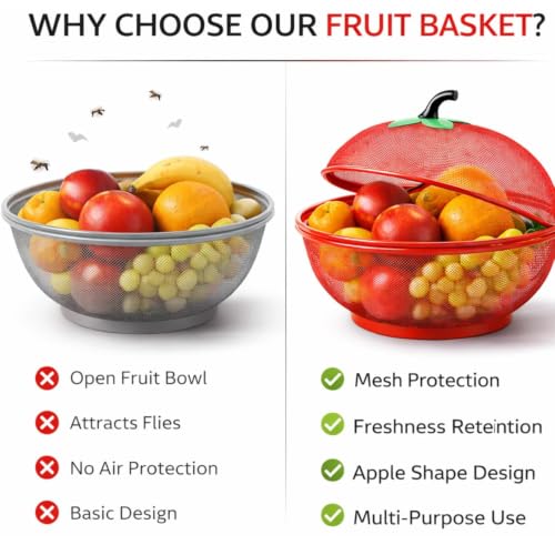 Image of Owlex Apple-Shaped Fruit & Vegetable Basket with Protective Net Mesh Cover | Decorative Kitchen Storage Stand for Dining Table & Countertop | Multipurpose Fruit Organizer | Red, Medium (Pack of 1)