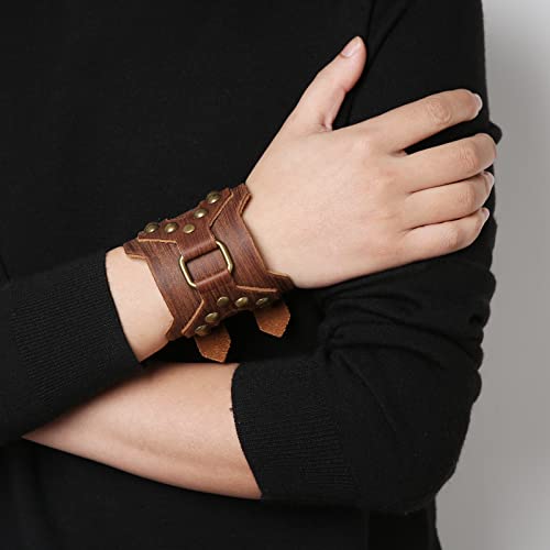 Hzman Brown Leather Cuff Bracelet For Men Large Metal Copper Ring Genuine Leather Bracelet Adjustable Wristband 8.5" - 10.5" #TOP3