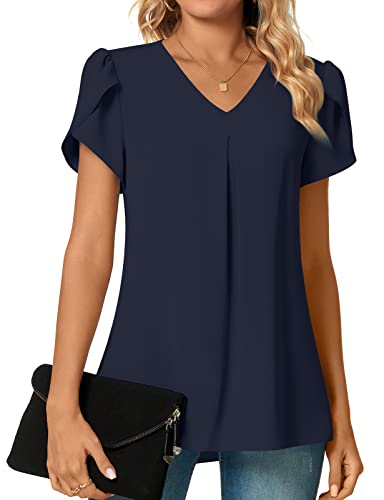 Anyally Womens Summer Dressy Chiffon Blouses V Neck Petal Short Sleeve Tunic Tops For Leggings Casual T-Shirts, S Navy Blue #TOP1