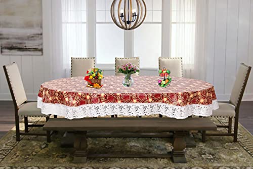 Image of The Furnishing Tree Waterproof PVC Oval Shaped Center Table Cover WxL 40x60 inches Packed Pattern Multicolor with White Border lace