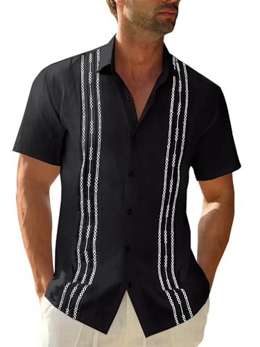 Mens Linen Guayabera Shirts Short Sleeve Summer Beach Casual Cuban Shirt