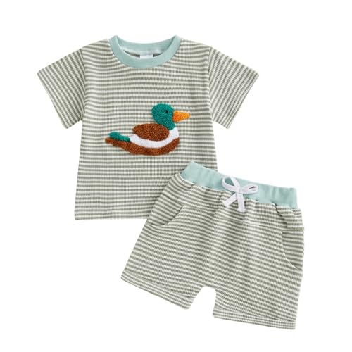 Image of LIOMENGZI Toddler Baby Boy Summer Clothes Waffle Striped Embroidered T-Shirt Short Set Infant Outfit 6 12 18 Months 2T 3T