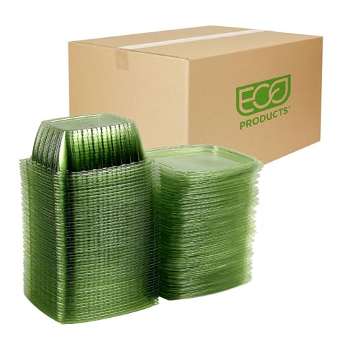 ECO PRODUCTS Compostable 32oz Rectangular Deli Containers With Lids, Case of 200, Veridian Clear Green Meal Prep, Made from PLA, A Renewable Material Made from Plants, One Lid Fits All