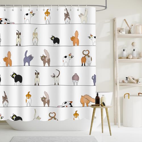 APROPHIC Divertido gato cortina de ducha gato cortina de ducha de baño gato cortina de ducha lindo gato de dibujos animados cortina de ducha impermeable cortina de ducha de tela decoración de baño