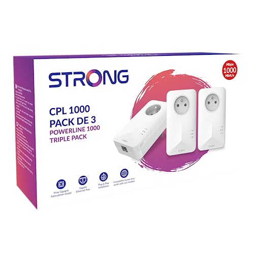 STRONG   Kit Powerline 1000 – Trio Enchufes CPL – Kit CPL – 1000 Mbps – Compatible con Cualquier Caja/Router – 1 Puerto Ethernet + Conector de Filtro – Instalación rápida – Acceso a Internet de Alta