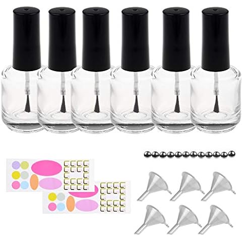 Eco-Fused Transparent Clear Empty Nail Polish Bottles - with Dupont Brushes - Set of 6 - Also Includes 6x Plastic Funnels, 12x Mixing Balls and 20x Sticker Labels - Making your Own Nail Polish Cover