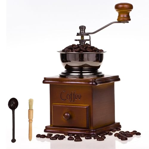 Molino de Café Manual de Madera Antiguo, Molinillo de Tambor con Manivela, Incluye Cepillo y Cuchara Medidora, para Café en Grano