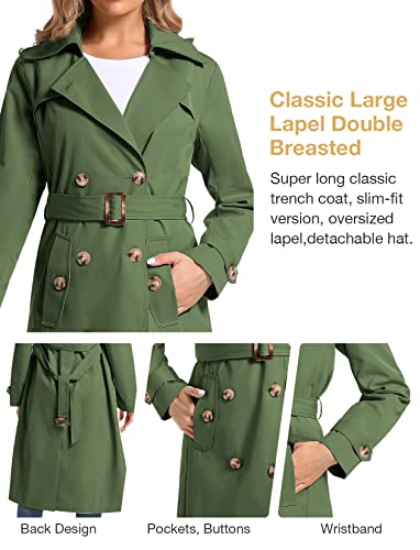 Poonyfesh Women's Windproof Waterproof Long Trench Coat Classic Double Breasted Lapel Belt Coat With Removable Hood Green Large #TOP5