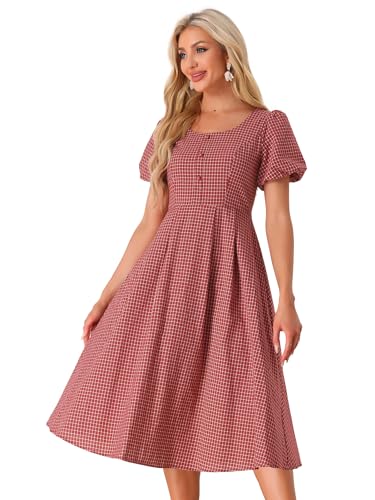 Image of Allegra K Plaid Dress for Women Summer Smocked Back Round Neck Puff Short Sleeve Flowy Midi Dresses