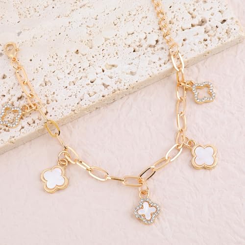 Gold Clover Charm Link Bracelet for Women Elegant Mother of Pearl Lucky Four Leaf Clover Bracelet Cute Hollow Rhinestone Clover Pendant Bracelet Adjustable Paperclip Chain Trendy Party Jewelry Gift3
