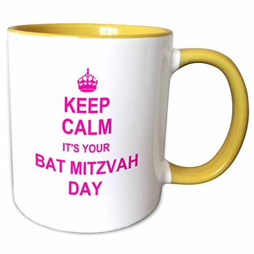 3dRose Keep Calm Bat Mitzvah Day Hot Pink 15oz Two-Tone Yellow Mug