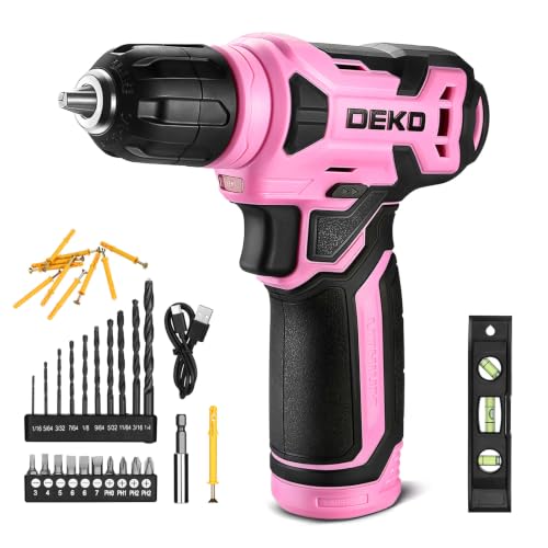 DEKOPRO Taladro Atornillador Inalámbrico 8V, con 10MM Portabrocas, LED Luz, Cable de Carga Tipo C, Accesorios 42 Piezas, Taladro Eléctrico para Perforar y Apretar/Aflojar Tornillos, Rosa