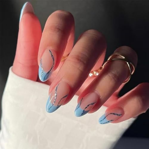 Image of Glitter Press on Nails Blue French Tip Fake Nails Medium Almond False Nails with Shiny Line Design Glossy Glue on Nails Artificial Acrylic Nail Stick on Nails for Women Girls Manicure 24Pcs