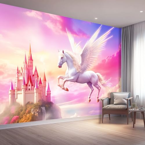 Mural de Pared 3D Paisaje, Sogno Castello Pegaso Nuvole Impreso, Vistoso Mural de Pared No Tejido Decoración de Póster Diseño 200 x 140 cm Para Estar Dormitorio Infantil