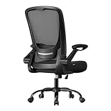 SONGMICS Office Chair, Mesh Swivel Chair, Ergonomic Lumbar and Head Support, Tilt Function, Wide Seat, Foldable Armrests, for Office Bedroom, Ink Black UOBN37BK
