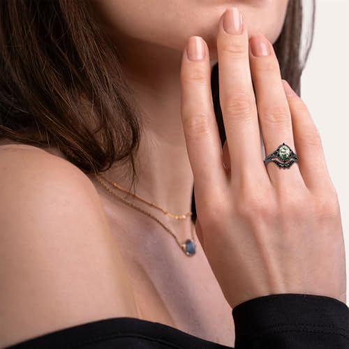 2.0 ctw Moss Agate/Onyx/Opal Ring Set For Women Gothic Black Halo Engagement Bridal Wedding Ring Set 10k/14k/18k Real Gold Natural Oval Cut Moss Rings Gifts For Anniversary Valentine's Day2