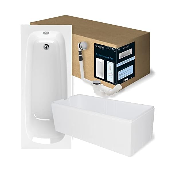 'aquaSu® Badewanne Komplettset 180x80 cm Klassik | 3in1 Acryl-Badewanne mit Wannenträger & Ablaufgarnitur | Rechteck-Badewanne | 205 l | Körperform-Wanne | Schall- & wärmedämmend | weiß | 83041 6