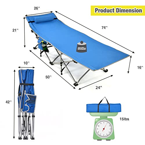 Goplus Camping Cot, Folding Camping Bed For Adults W/Carrying Bag, 500 Lbs Max Load, Side Pocket, Detachable Pillow, Lightweight Portable Sleeping Cot For Home Office Hiking Picnic #TOP6