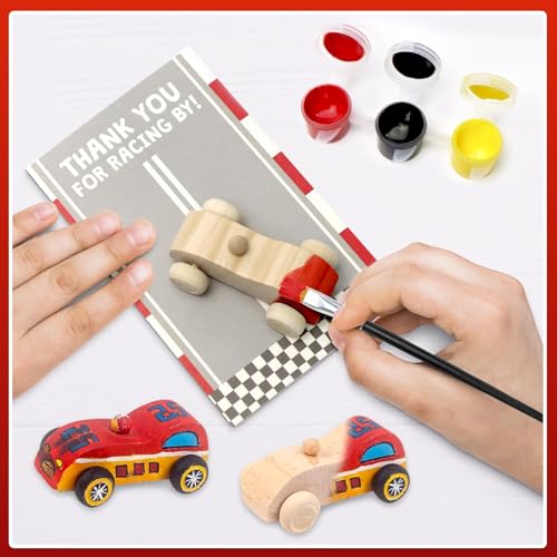 BOIKOKY Racecar Painting Party Favors Kit - 12 Unfinished Wooden Cars, Acrylic Paints, Brushes, Thank You Cards, Perfect for Racing-Themed Birthday & Two Fast Theme Party Supplies - Image 4