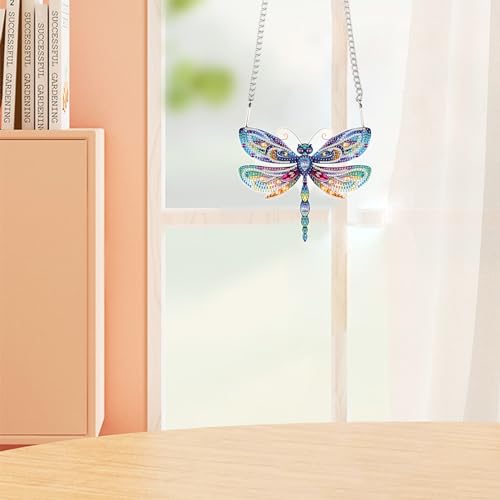 Image of AiYuanzsh Animal Dragonfly Diamond Painting Kit Ornament with Hanging Chain DIY Diamond Art Acrylic Crystal Hanging Pendant Paint by Number Stained Glass Wall Art for Adults Home Wall Decor Gift