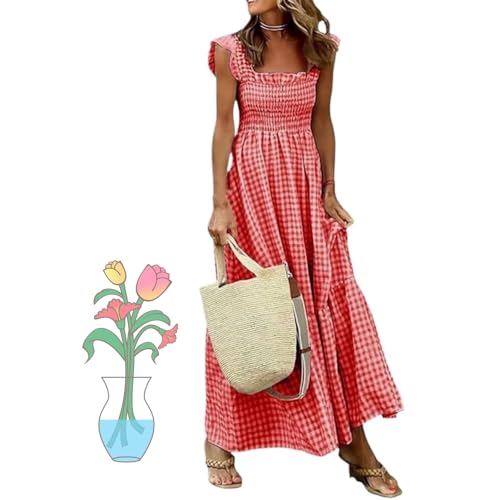 CAMPMINE Robe longue d'été à carreaux multiples avec smocks et bretelles spaghetti pour femme - Style rétro - Col carré, Rouge, XL