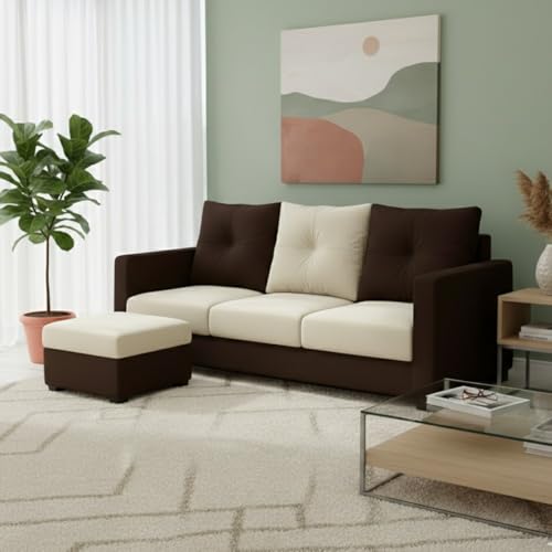 Image of FURNY Amonster 4 Seater L Shape Sofa Set with Movable Ottoman | Flexible Left or Right Layout | Plush Velvet Fabric (Dark Brown-Cream) | Perfect for Living Room, Guest Room & Office