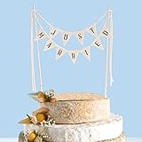 SCHOLMART Just Married Rustic Cake Topper Cotton Wedding Vintage Affair Cheese Cake Bunting Handmade Pennant Flags with Wood Pole Ivory preassembled