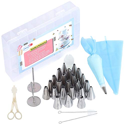 BELSVOR Douilles Patisserie 34 PCS, Douilles à Pâtisserie en Acier Inoxydable, Douille a Patisserie pour Decoration(24 Douilles, 2 Poches, 2 Coupleur, 2 Clous, 2 Brosse, 1 Ciseaux, 1 Boîte Rangement) Cover