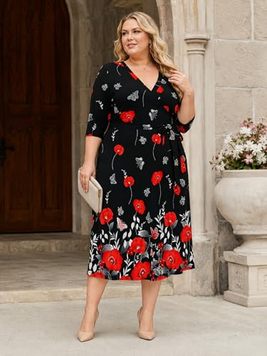 Image of PinkPatty Women's Plus Size Maxi Dress Print 3 /4 Sleeves V Neck Party Sundress Wedding Guest Dresses