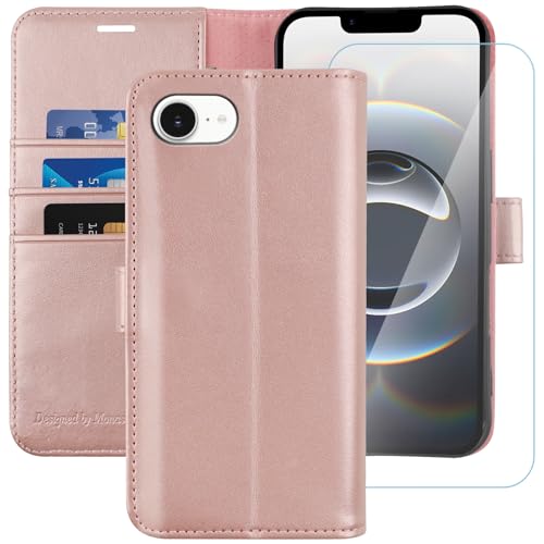 Housse cuir iPhone 16E 5G MONASAY avec verre trempé écran 6,1 pouces or rose