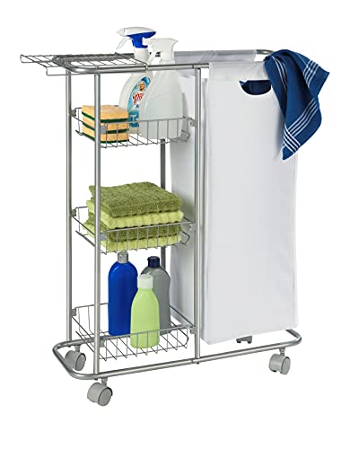 WENKO Sammelwagen Slim, 3 Etagen, extra schmaler Rollwagen mit Vier leichtgängigen Rollen, inkl. abtrennbarem Sack für PET-Flaschen oder Wäsche, 28 L, pulverbeschichtetes Metall, 58 x 80 x 20 cm