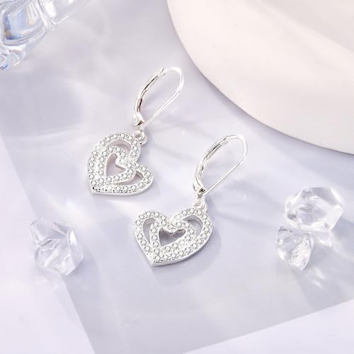 ALEXCRAFT 925 Sterling Silver Heart Leverback Earrings for Women Trendy, Cubic Zirconia Drop Dangle Earrings Jewelry 14K Gold Plated Hypoallergenic Doulbe Love Heart Leverback Dangle Earring 6