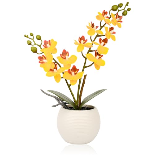 Olrla Orchidée artificielle fleur jaune en pot blanc, phalaenopsis effet réaliste faux pour décorer les mariages, la maison, les bureaux et les fêtes