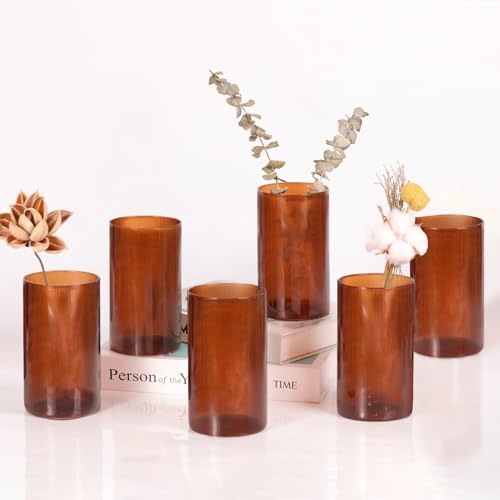 Amber Glass Cylinder Vases for Centerpieces - 6 Inch Tall Flower Vases for Wedding...