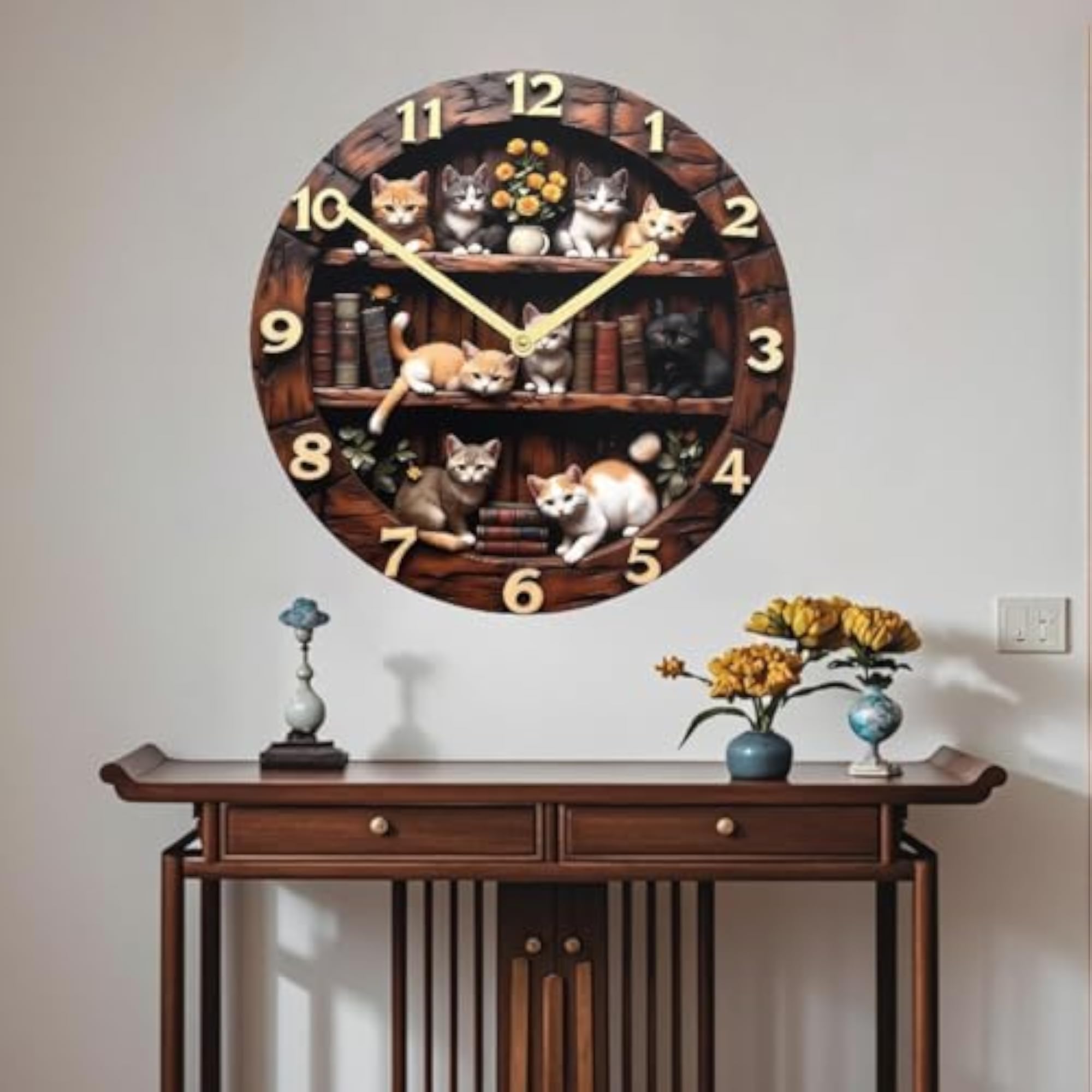 Cat Pattern Hanging Wall Clock Modern for Coffee Shop