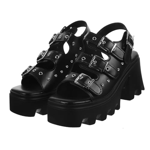 Sandales noires femme en cuir PU de qualité à rivets et talons épais