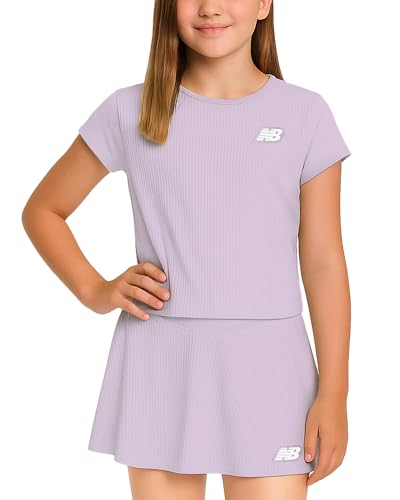 Image of New Balance Girls 2-Piece Performance Short Sleeve T-Shirt & Athletic Skort | Moisture-Wicking Fabric, Keyhole Back, Built-In Shorts Coverage, Elastic Waistband, Tennis & Golf Ready, Sizes 7-12